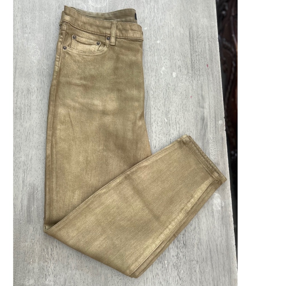 Lauren Ralph Lauren Gold Metallic Coated Straight Leg Jeans Olive Green Size 14